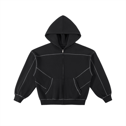 Unisex Contrast-Stitched Boxy Fleece Zip Hoodie in black
