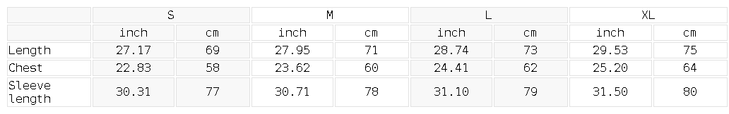 Size chart for the Unisex Contrast Striped Lapel Collar Sweatshirt