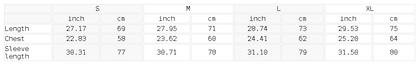 Size chart for the Unisex Contrast Striped Lapel Collar Sweatshirt