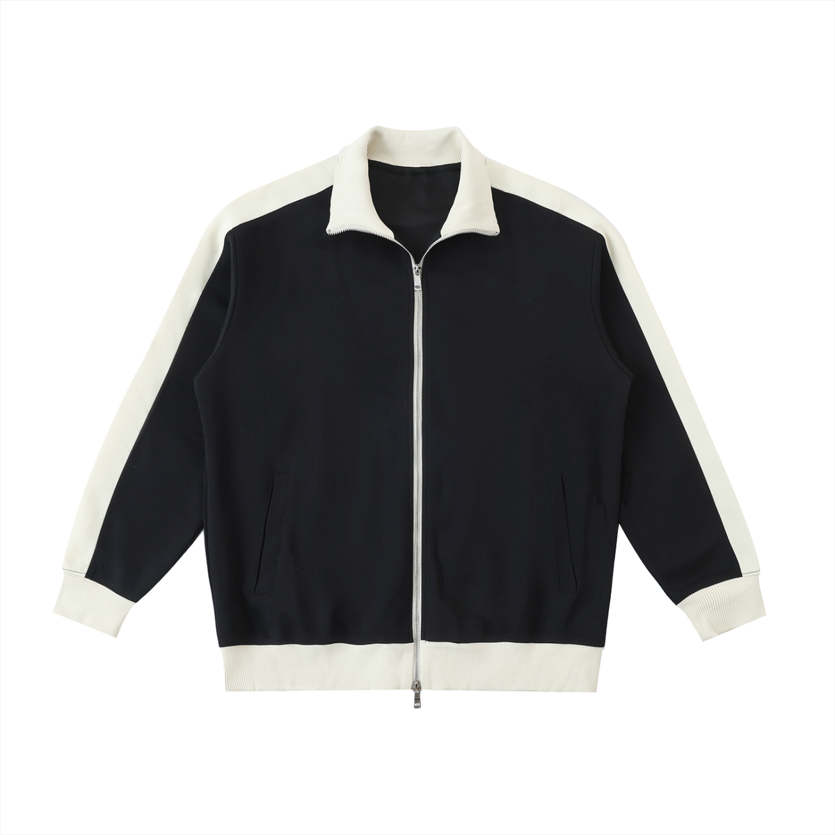 Unisex Contrast Trim Stand Collar Jacket in black with mild apricot