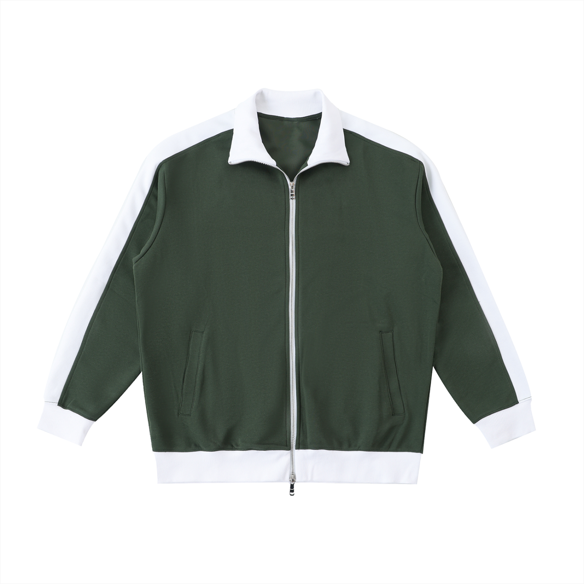 Unisex Contrast Trim Stand Collar Jacket in blackish green with white