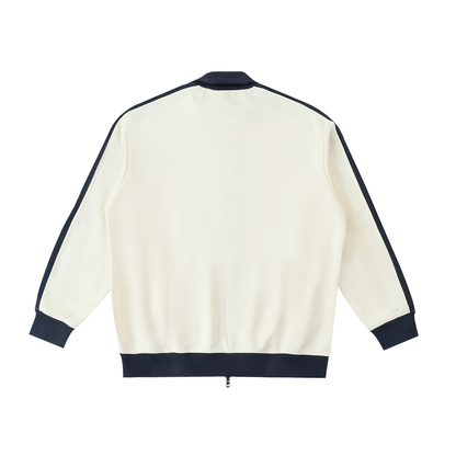 Unisex Contrast Trim Stand Collar Jacket in mild apricot with navy blue, alternate angle