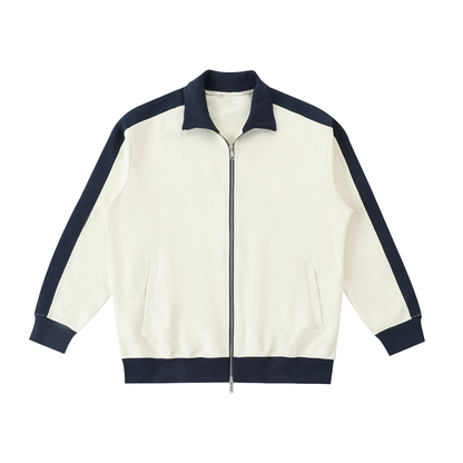 Unisex Contrast Trim Stand Collar Jacket in mild apricot with navy blue