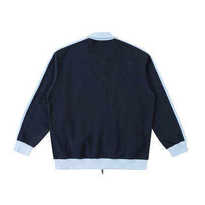 Unisex Contrast Trim Stand Collar Jacket in navy blue with sky blue, alternate angle
