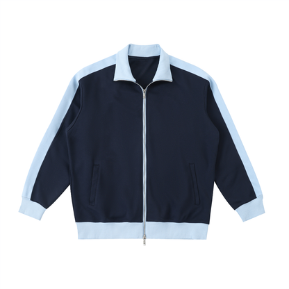 Unisex Contrast Trim Stand Collar Jacket in navy blue with sky blue
