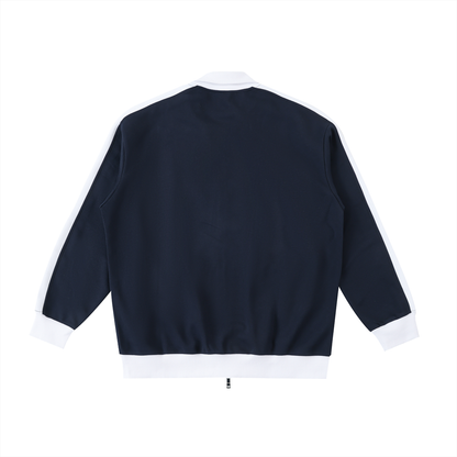 Unisex Contrast Trim Stand Collar Jacket in navy blue with white, alternate angle