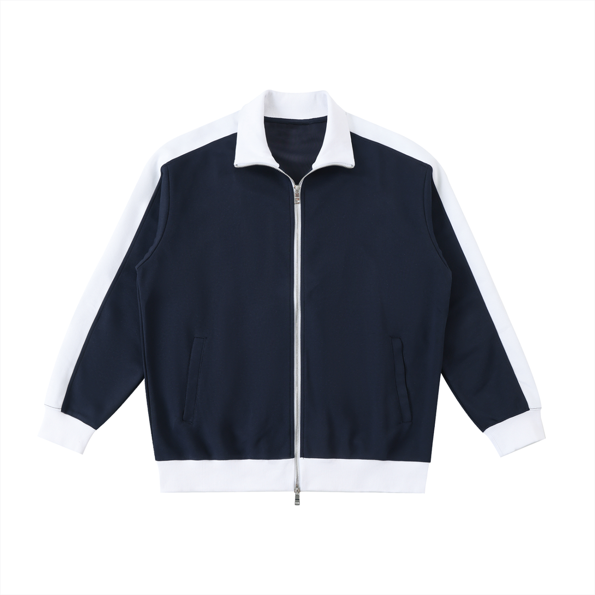 Unisex Contrast Trim Stand Collar Jacket in navy blue with white