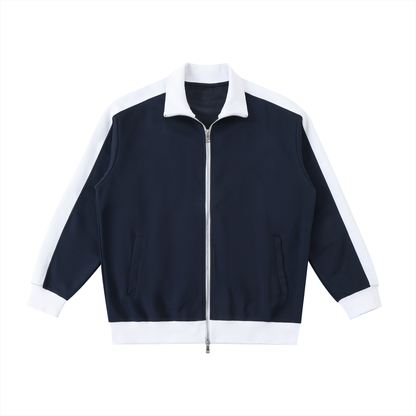Unisex Contrast Trim Stand Collar Jacket in navy blue with white