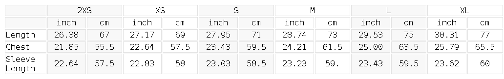 Size chart for the Unisex Contrast Trim Stand Collar Jacket