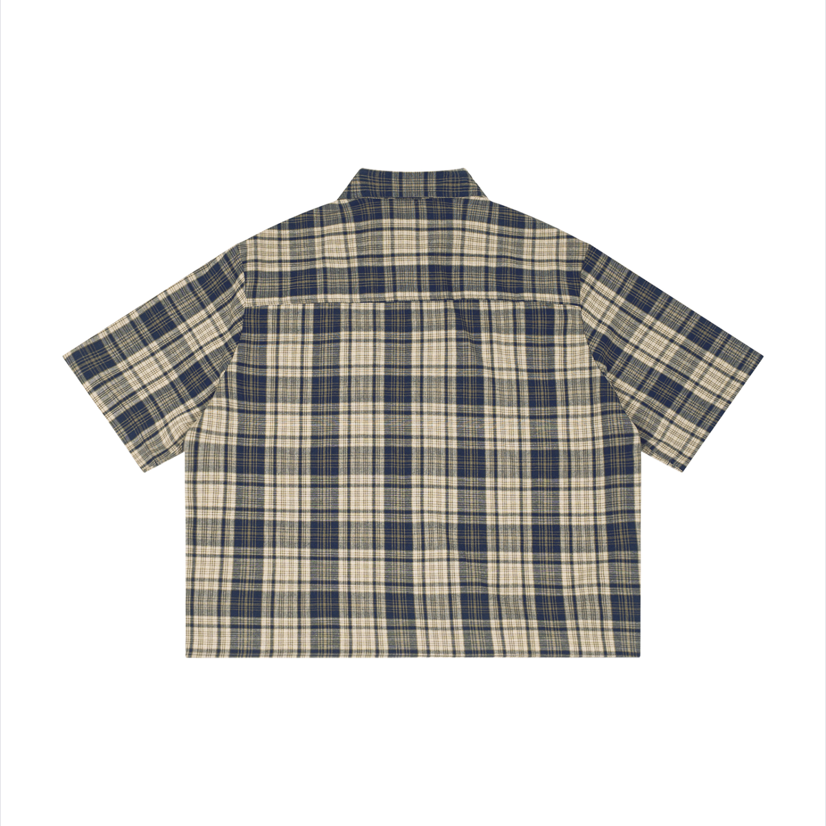 Unisex Cotton Plaid Boxy Short Sleeve Shirt in navy blue with apricot, alternate angle