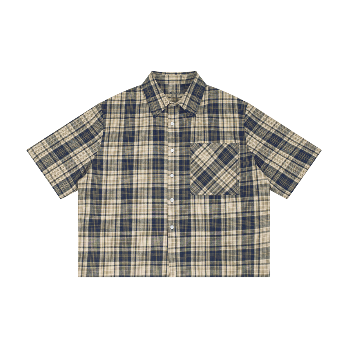 Unisex Cotton Plaid Boxy Short Sleeve Shirt in navy blue with apricot