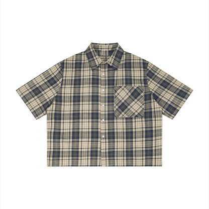 Unisex Cotton Plaid Boxy Short Sleeve Shirt in navy blue with apricot