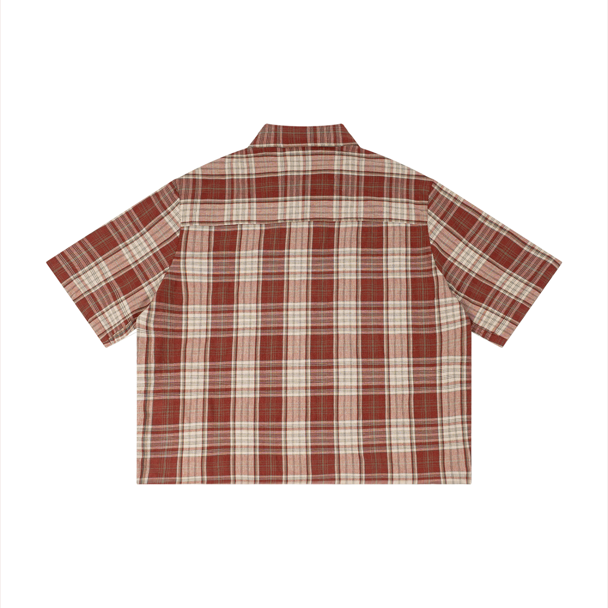 Unisex Cotton Plaid Boxy Short Sleeve Shirt in red with apricot, alternate angle