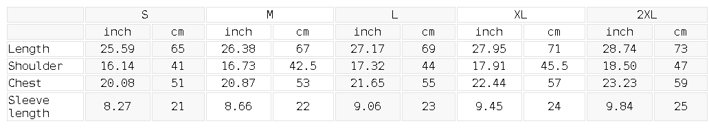 Size chart for the Unisex Crewneck Knit T-Shirt
