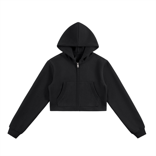 Unisex Cropped Loose-Fit Zip Hoodie in black