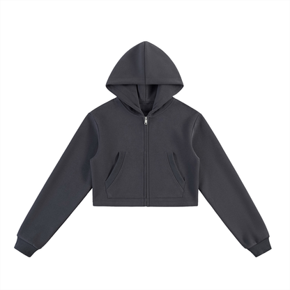 Unisex Cropped Loose-Fit Zip Hoodie in charcoal gray