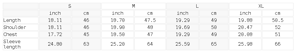 Size chart for the Unisex Cropped Loose-Fit Zip Hoodie