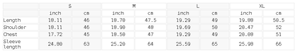 Size chart for the Unisex Cropped Loose-Fit Zip Hoodie