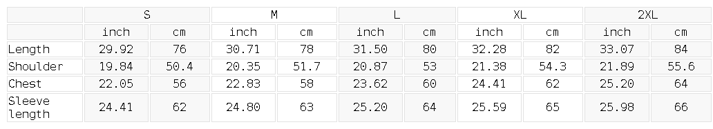 Size chart for the Unisex Denim Vintage Washed Jacket