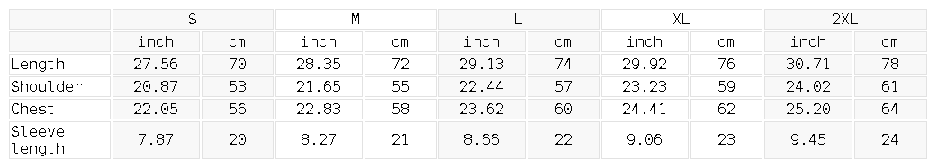 Size chart for the Unisex Dirty Washed Loose T-Shirt