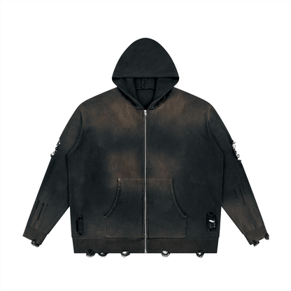 Unisex Distressed Full Zip Hoodie in black