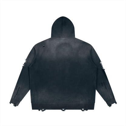 Unisex Distressed Full Zip Hoodie in dark gray, alternate angle