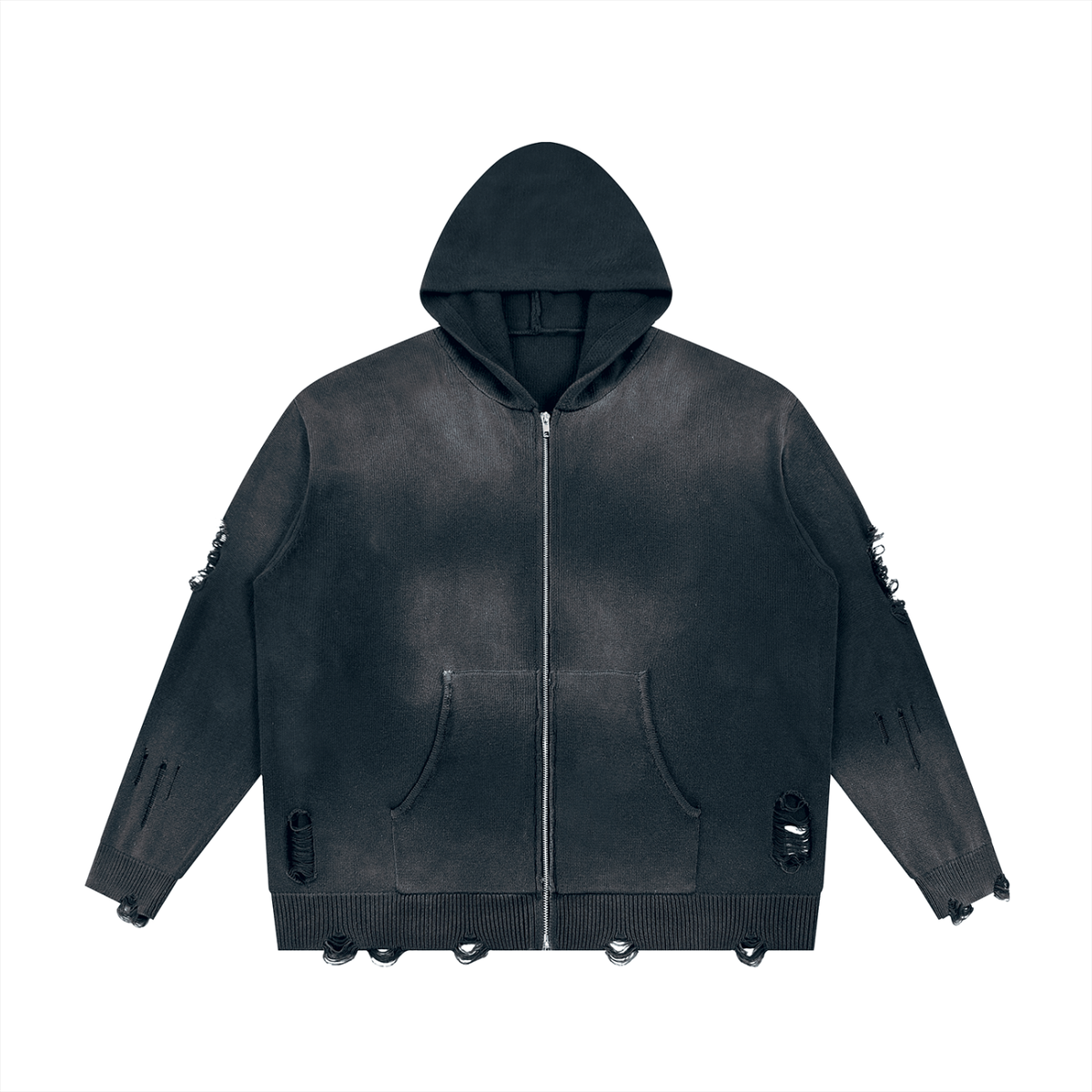 Unisex Distressed Full Zip Hoodie in dark gray