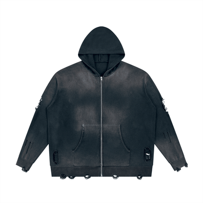 Unisex Distressed Full Zip Hoodie in dark gray