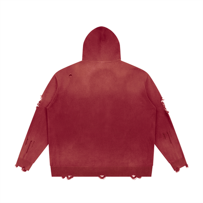 Unisex Distressed Full Zip Hoodie in red, alternate angle