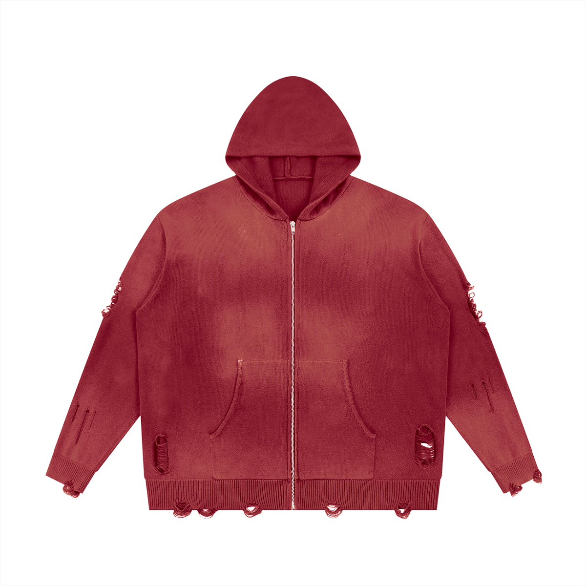 Unisex Distressed Full Zip Hoodie in red