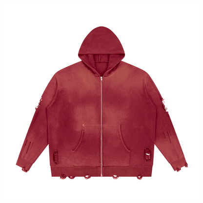 Unisex Distressed Full Zip Hoodie in red