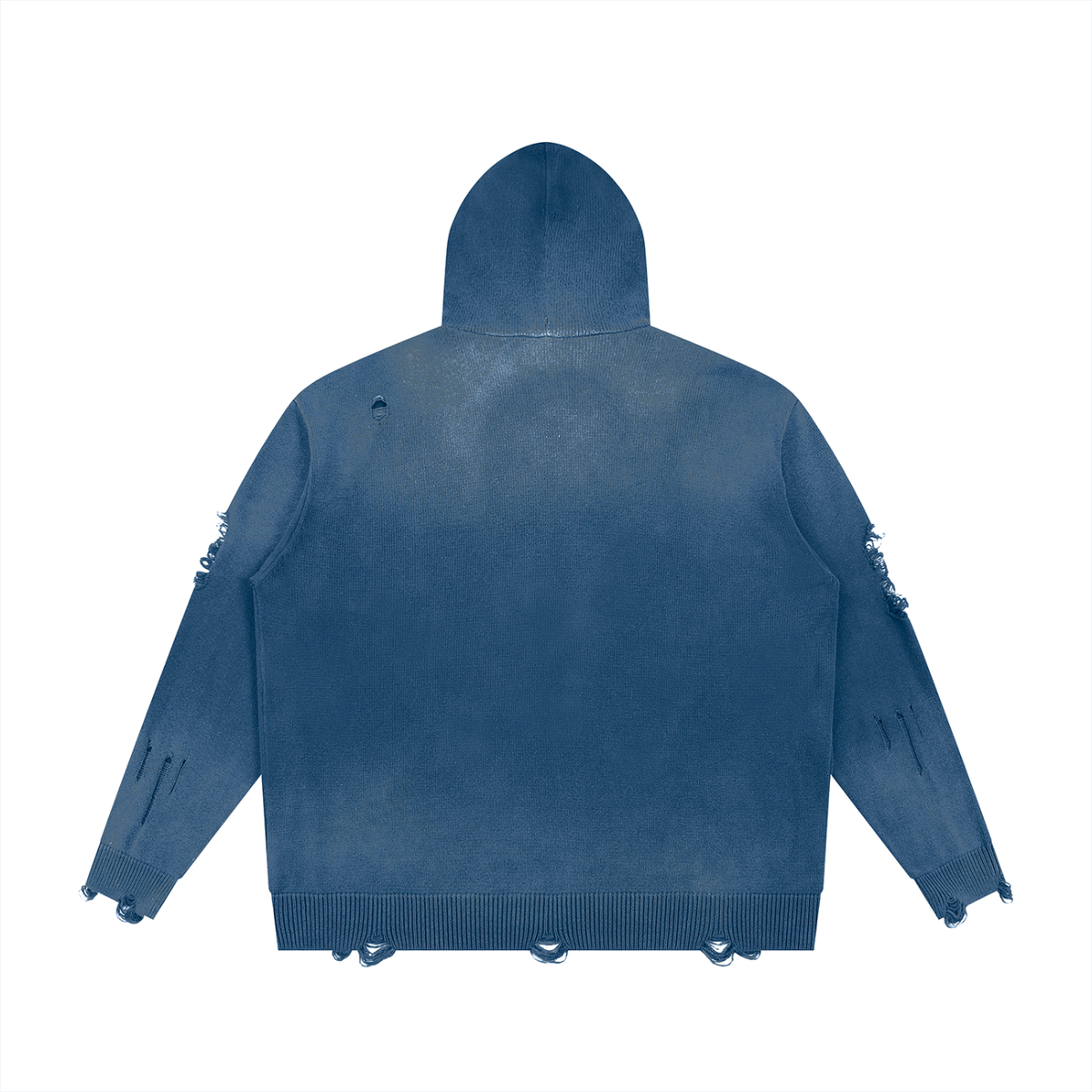 Unisex Distressed Full Zip Hoodie in washed blue, alternate angle