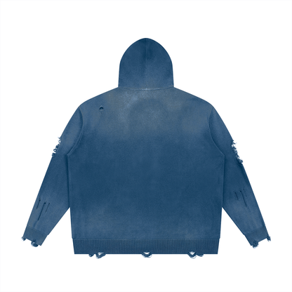 Unisex Distressed Full Zip Hoodie in washed blue, alternate angle