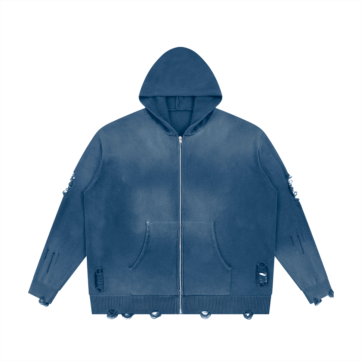 Unisex Distressed Full Zip Hoodie in washed blue