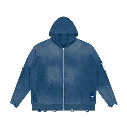Unisex Distressed Full Zip Hoodie in washed blue