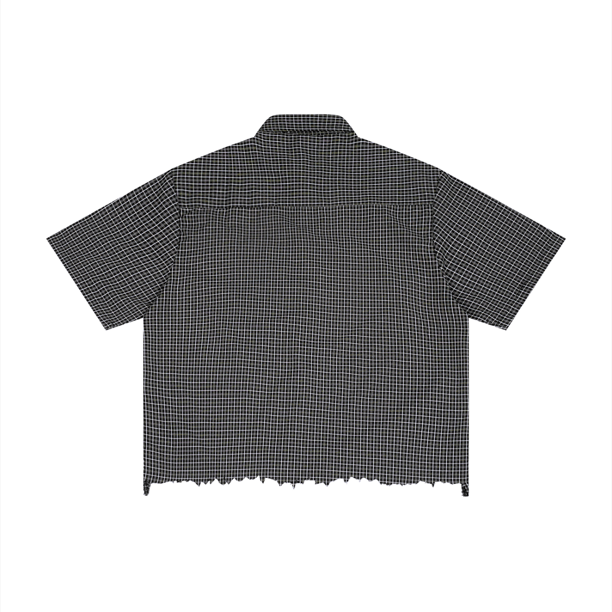 Unisex Distressed Plaid Boxy Shirt in black, alternate angle