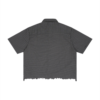 Unisex Distressed Plaid Boxy Shirt in black, alternate angle