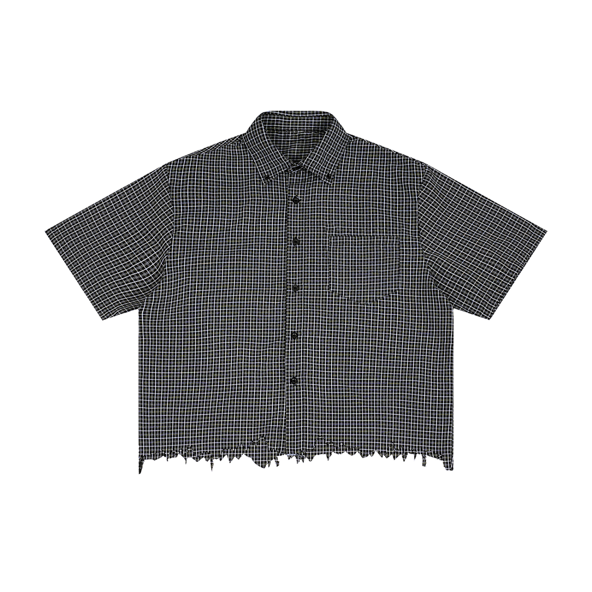 Unisex Distressed Plaid Boxy Shirt in black