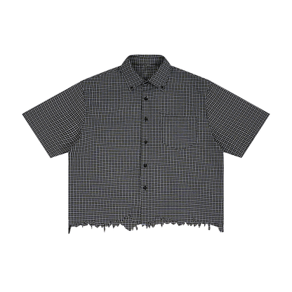 Unisex Distressed Plaid Boxy Shirt in black