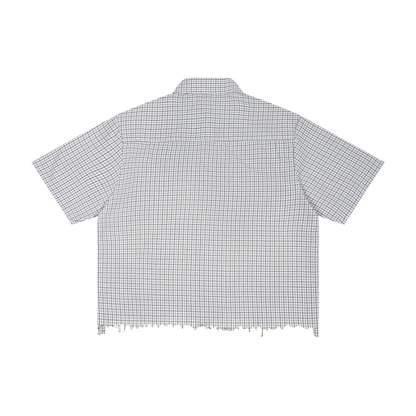 Unisex Distressed Plaid Boxy Shirt in white, alternate angle
