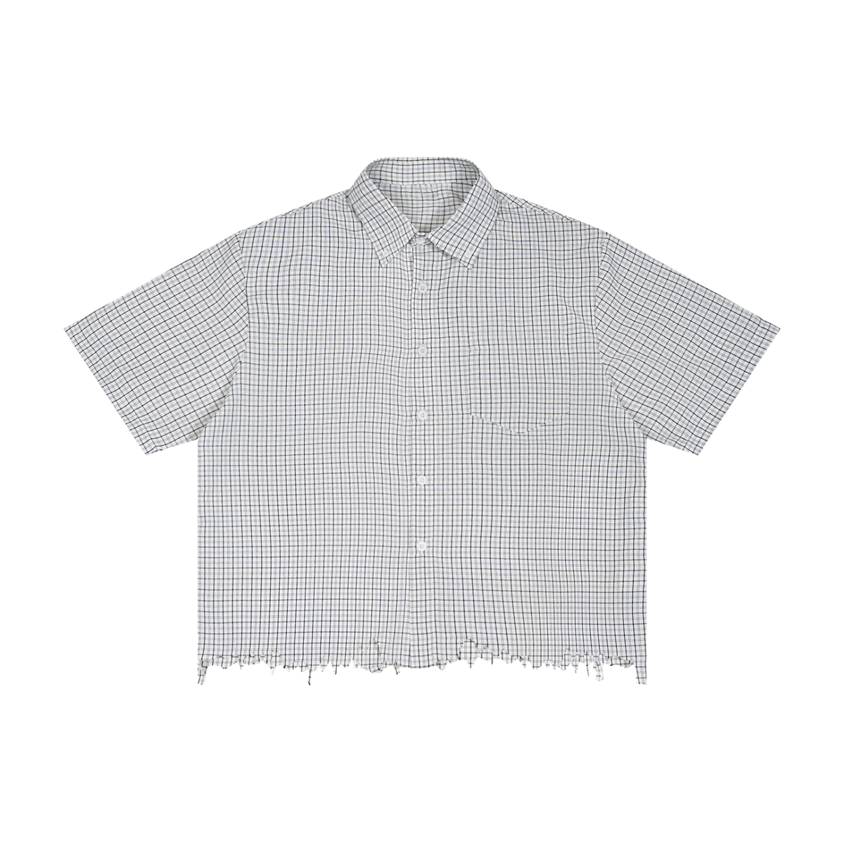 Unisex Distressed Plaid Boxy Shirt in white