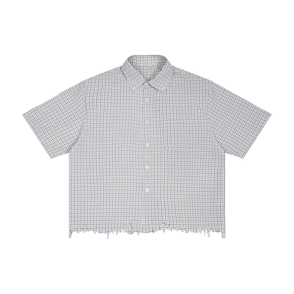 Unisex Distressed Plaid Boxy Shirt in white
