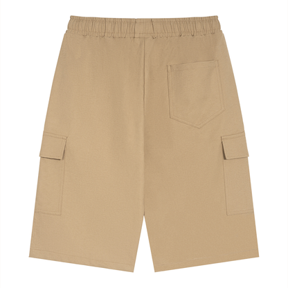 Unisex Drawstring Cargo Shorts in khaki, alternate angle