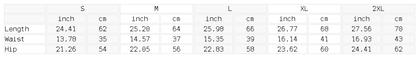 Size chart for the Unisex Drawstring Cargo Shorts