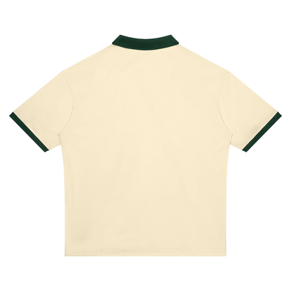 Unisex Drop Shoulder Color Block Polo Shirt in apricot with dark green, alternate angle