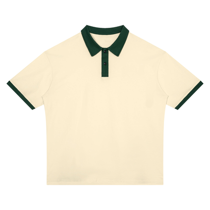 Unisex Drop Shoulder Color Block Polo Shirt in apricot with dark green