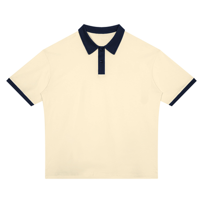 Unisex Drop Shoulder Color Block Polo Shirt in apricot with navy blue