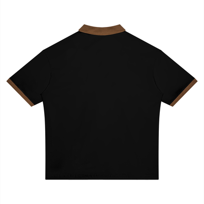Unisex Drop Shoulder Color Block Polo Shirt in black with brown, alternate angle