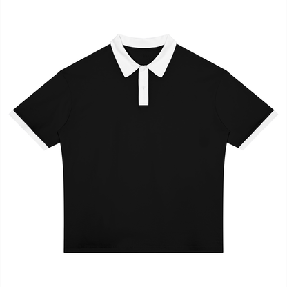 Unisex Drop Shoulder Color Block Polo Shirt in black with white