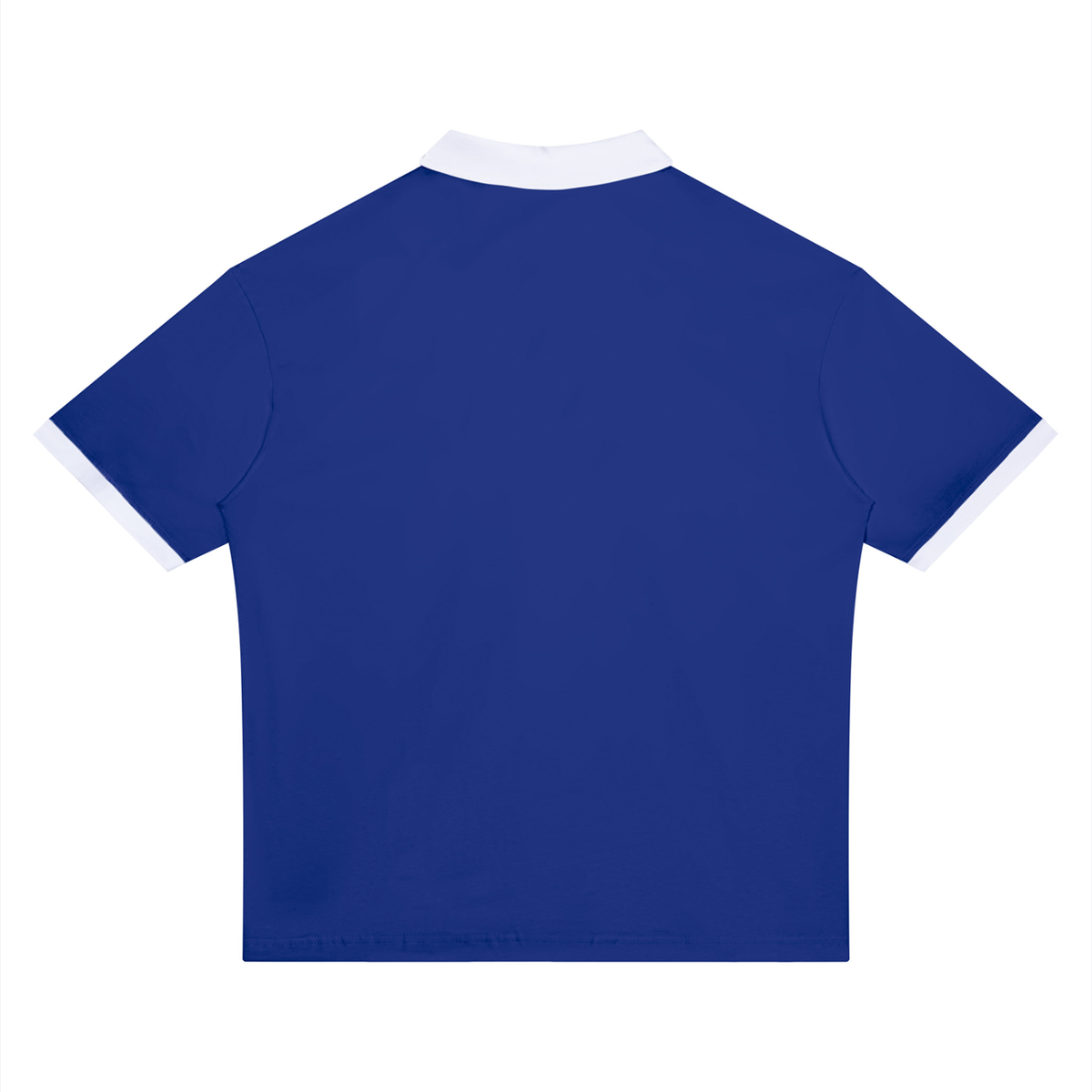 Unisex Drop Shoulder Color Block Polo Shirt in klein blue with white, alternate angle